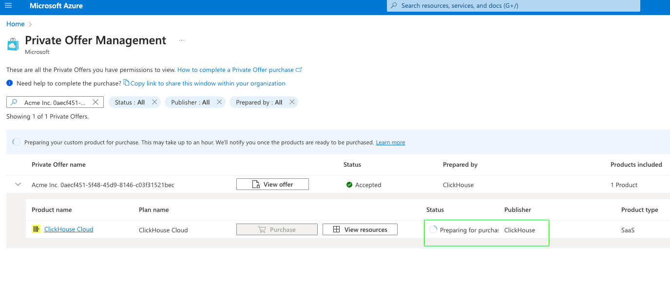 Загрузка страницы управления приватным предложением Azure Marketplace