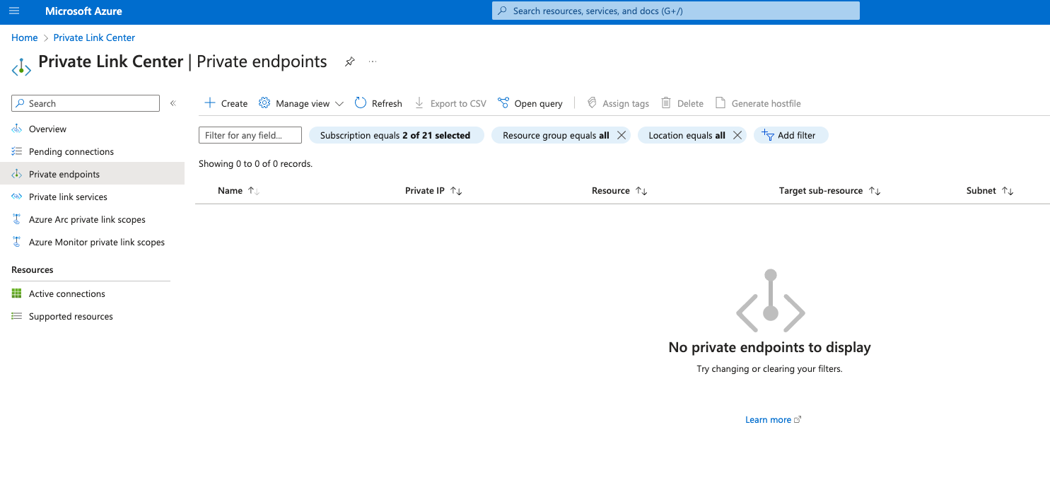 Открытие Azure Private Link Center