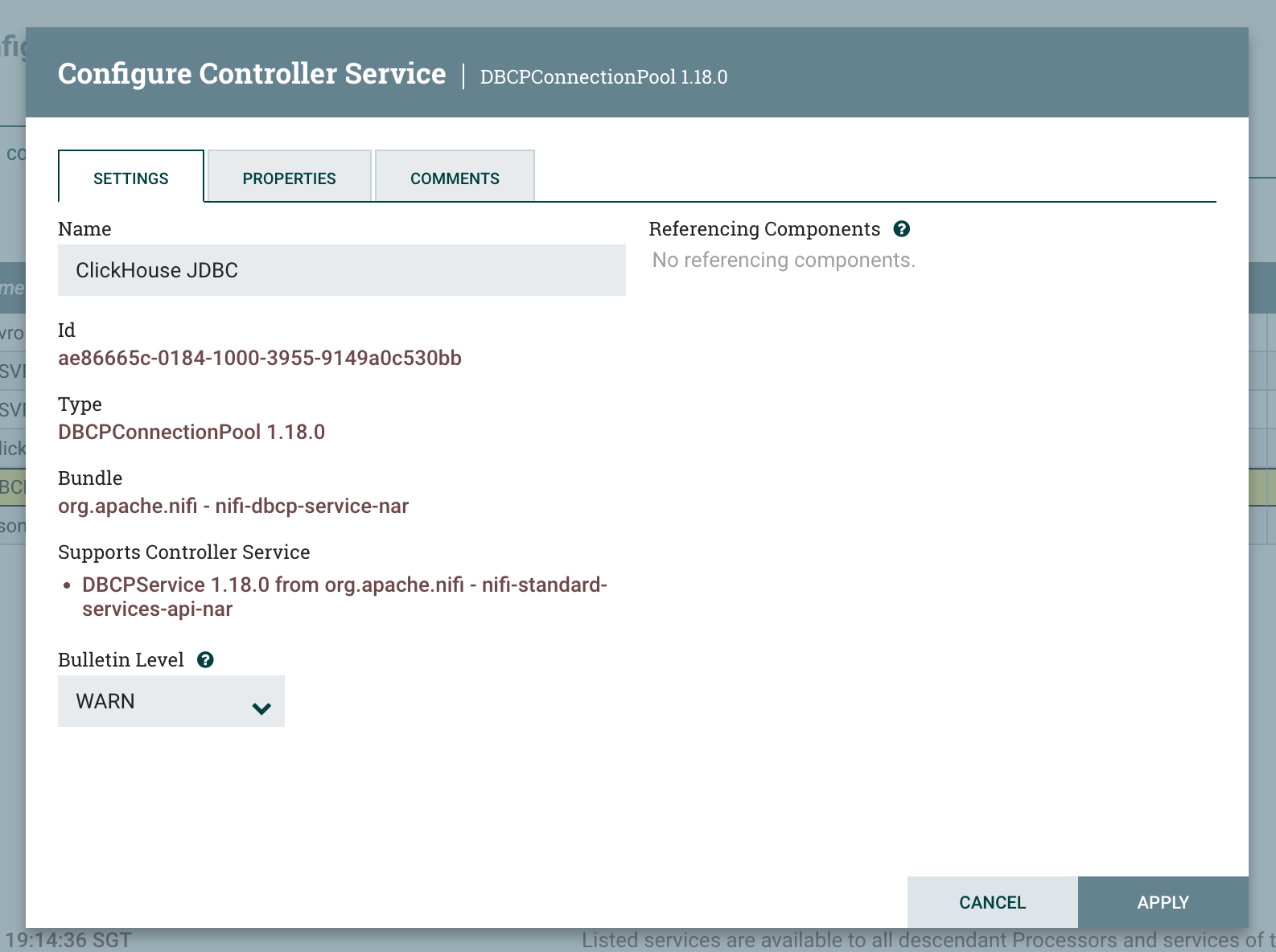Диалог настройки DBCPConnectionPool с заполненными свойствами