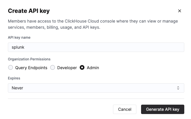 Консоль ClickHouse Cloud с инте�рфейсом создания API Key и выбранными привилегиями Admin